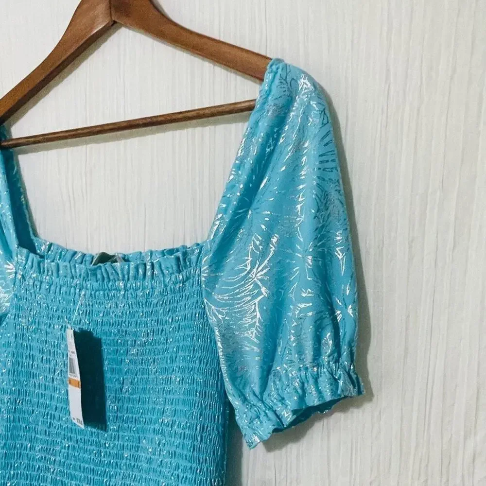 Michael Kors Smocked Dress Small Turquoise Metallic Foil Puff Sleeve NWT